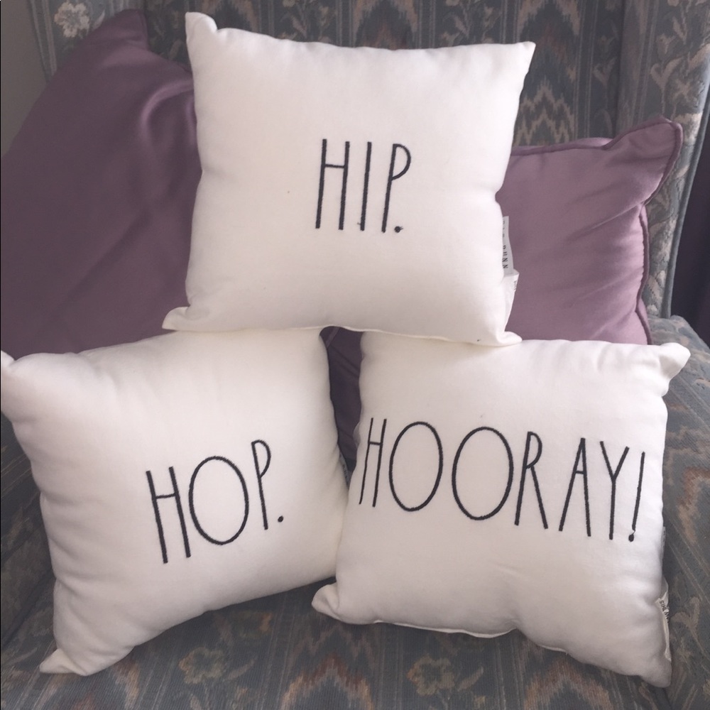 Rae Dunn HIP. HOP. HOORAY. 3 Pillow set each measures 12” square